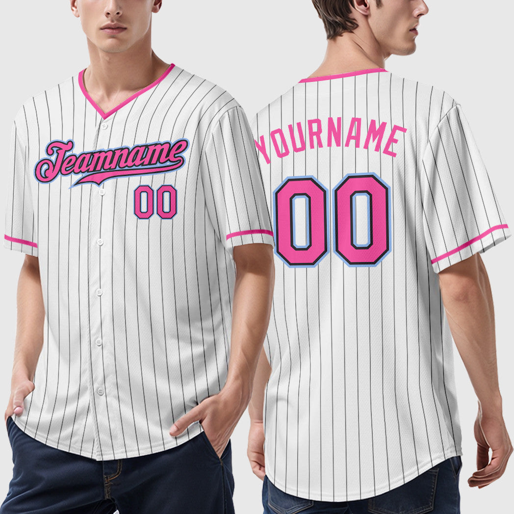 Custom White Black Pink-Light Blue Pinstripe Baseball Jersey