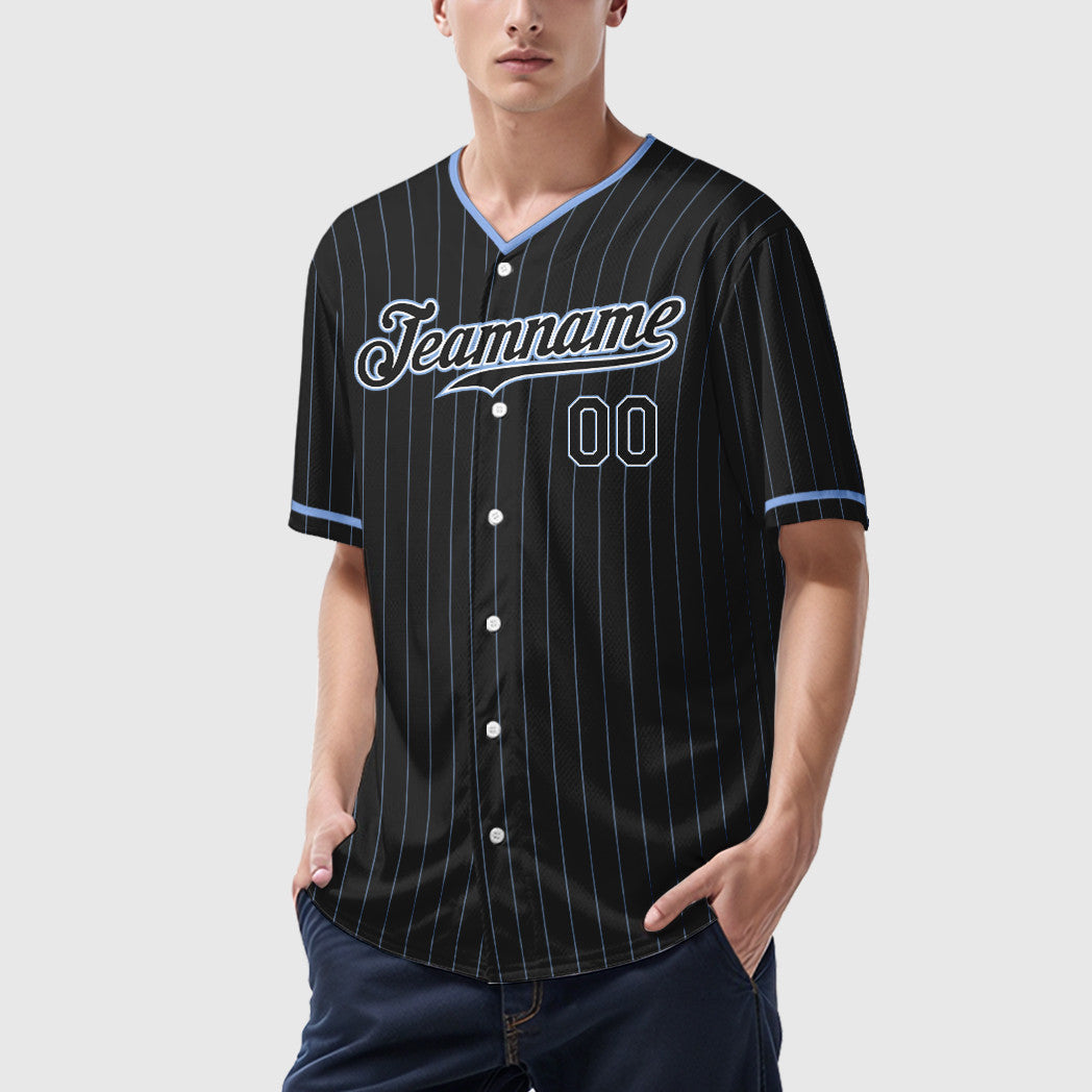 Custom Black Light Blue Black-White Pinstripe Baseball Jersey
