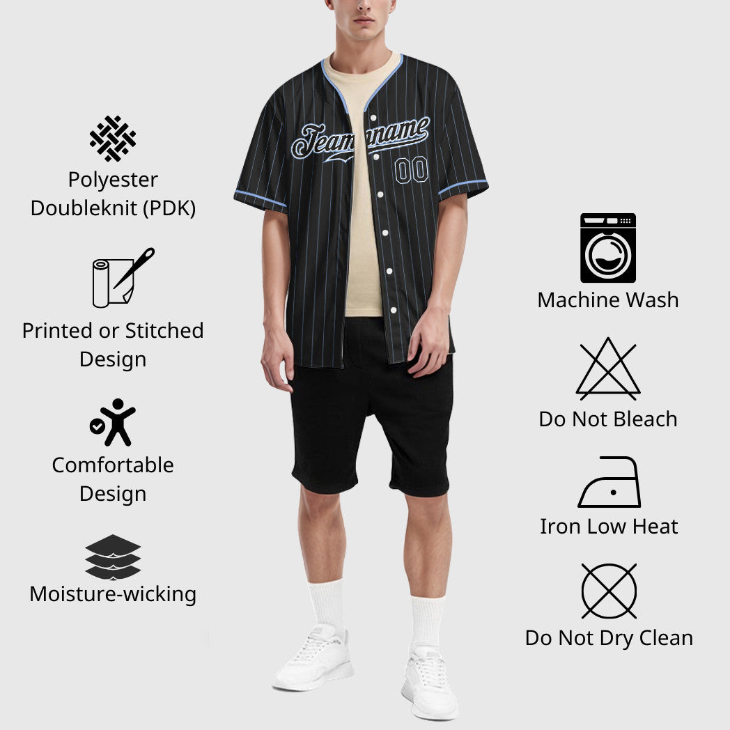 Custom Black Light Blue Black-White Pinstripe Baseball Jersey