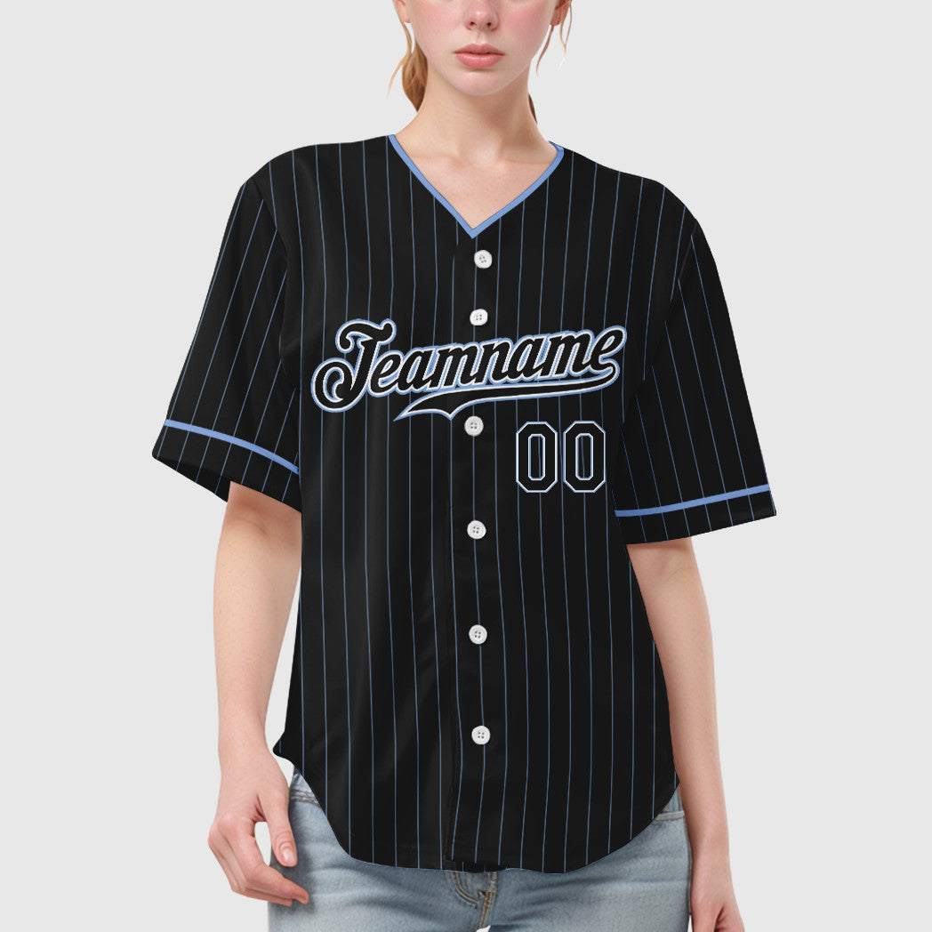 Custom Black Light Blue Black-White Pinstripe Baseball Jersey