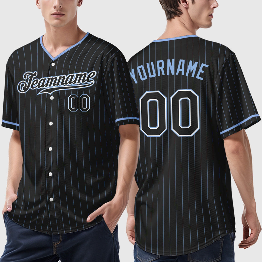 Custom Black Light Blue Black-White Pinstripe Baseball Jersey