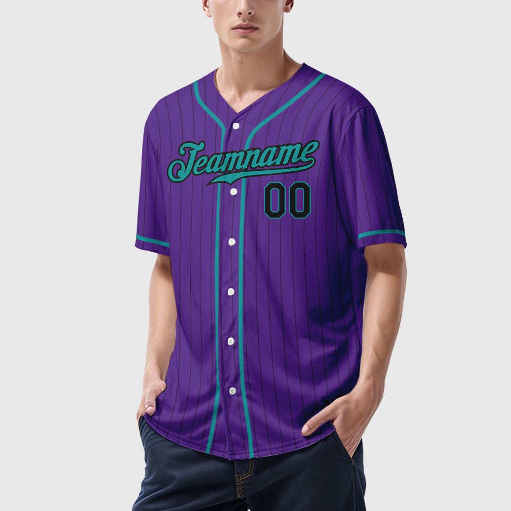 Custom Purple Black Teal Piping Pinstripe Baseball Jersey