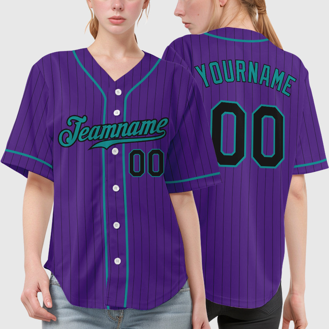 Custom Purple Black Teal Piping Pinstripe Baseball Jersey