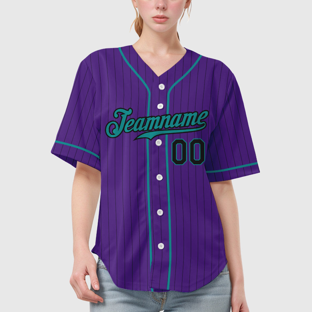 Custom Purple Black Teal Piping Pinstripe Baseball Jersey