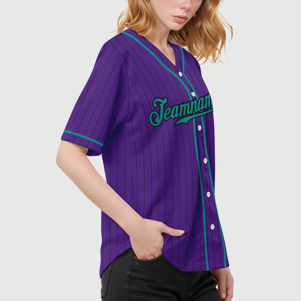 Custom Purple Black Teal Piping Pinstripe Baseball Jersey