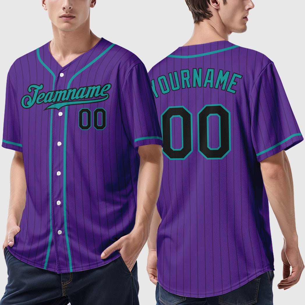Custom Purple Black Teal Piping Pinstripe Baseball Jersey