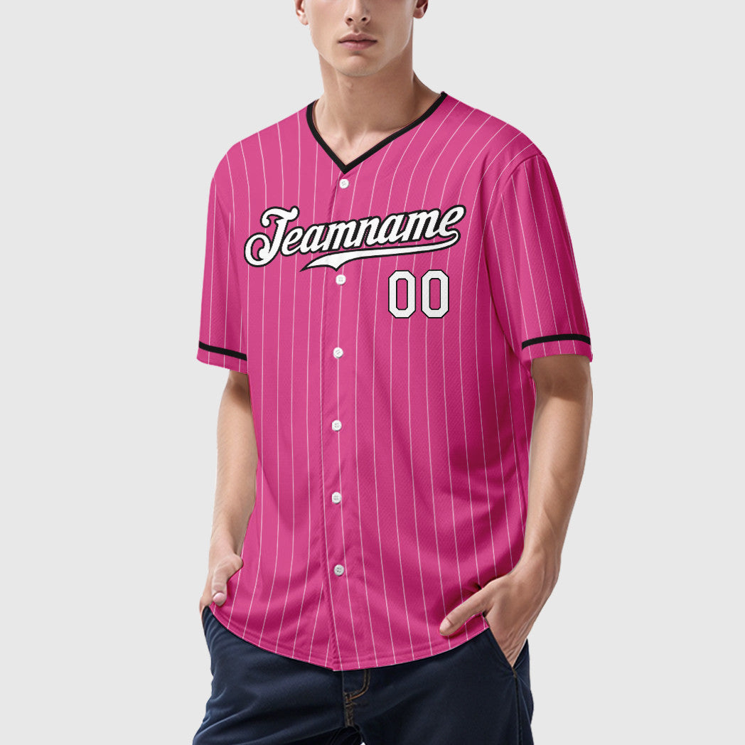 Custom Pink White White-Black Pinstripe Baseball Jersey