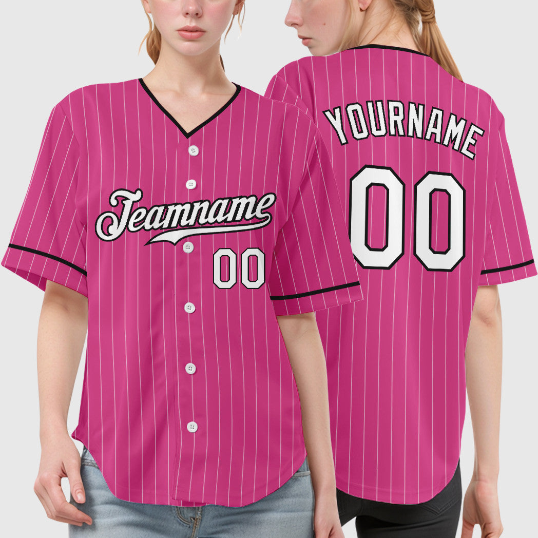 Custom Pink White White-Black Pinstripe Baseball Jersey
