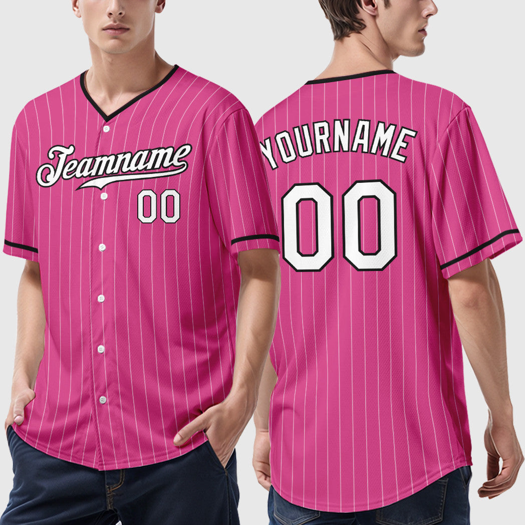 Custom Pink White White-Black Pinstripe Baseball Jersey
