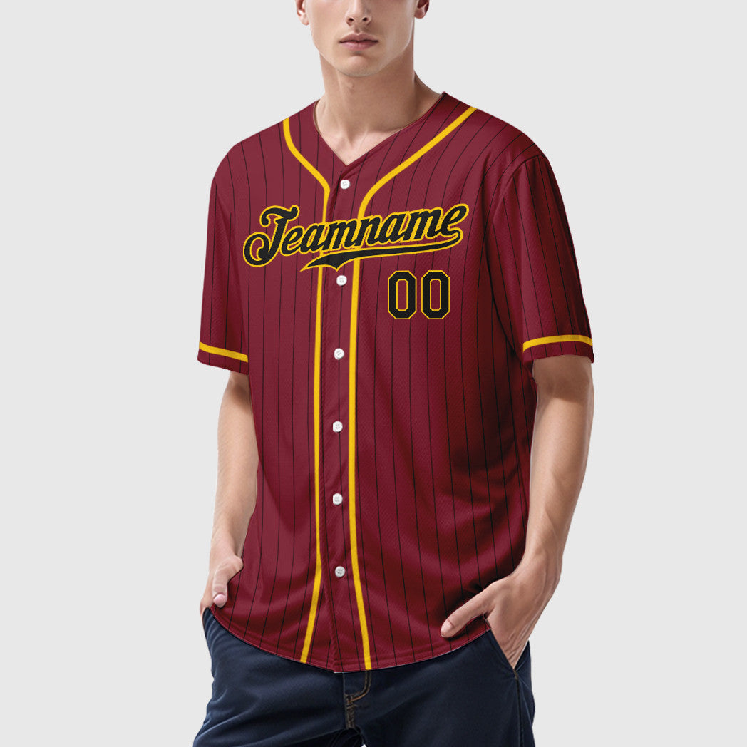 Custom Crimson Black Black-Gold Piping Pinstripe Baseball Jersey
