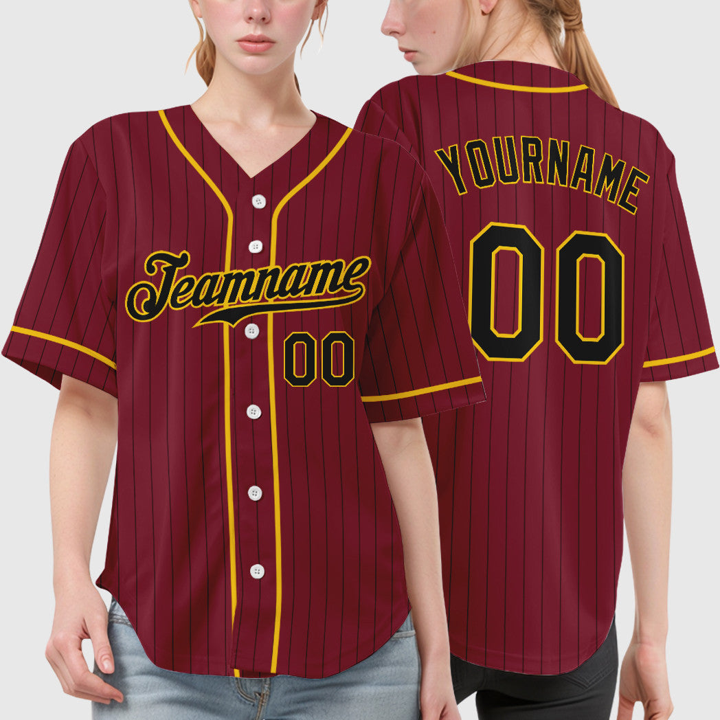 Custom Crimson Black Black-Gold Piping Pinstripe Baseball Jersey