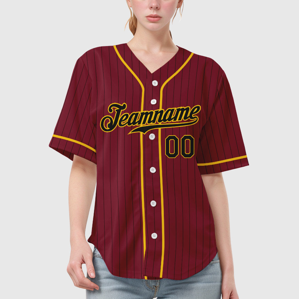 Custom Crimson Black Black-Gold Piping Pinstripe Baseball Jersey