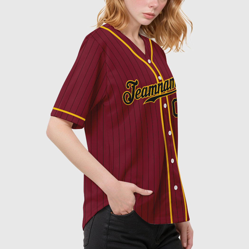 Custom Crimson Black Black-Gold Piping Pinstripe Baseball Jersey