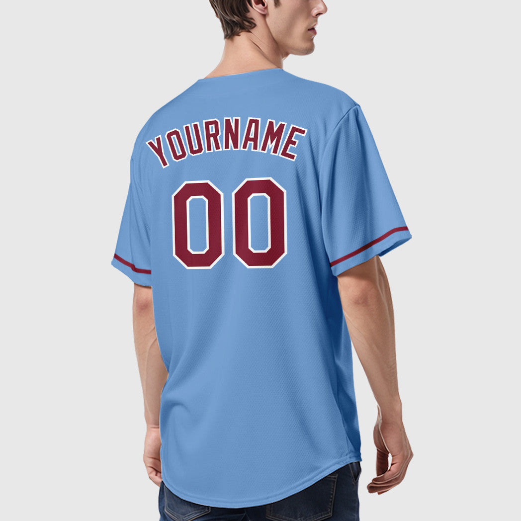 Custom Light Blue White Crimson Baseball Jersey