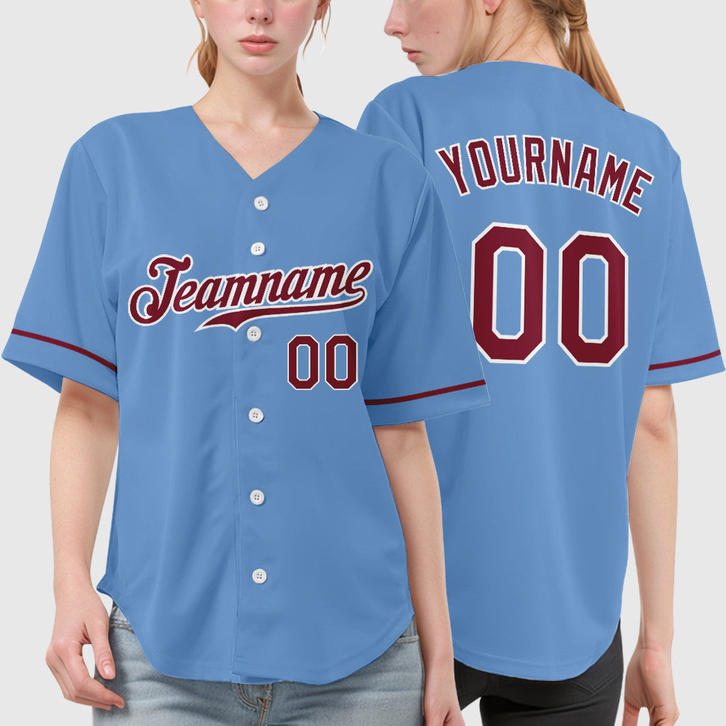Custom Light Blue White Crimson Baseball Jersey