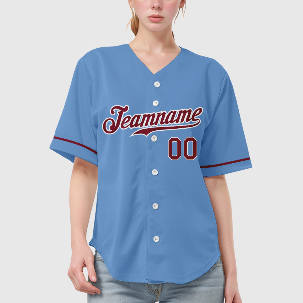 Custom Light Blue White Crimson Baseball Jersey