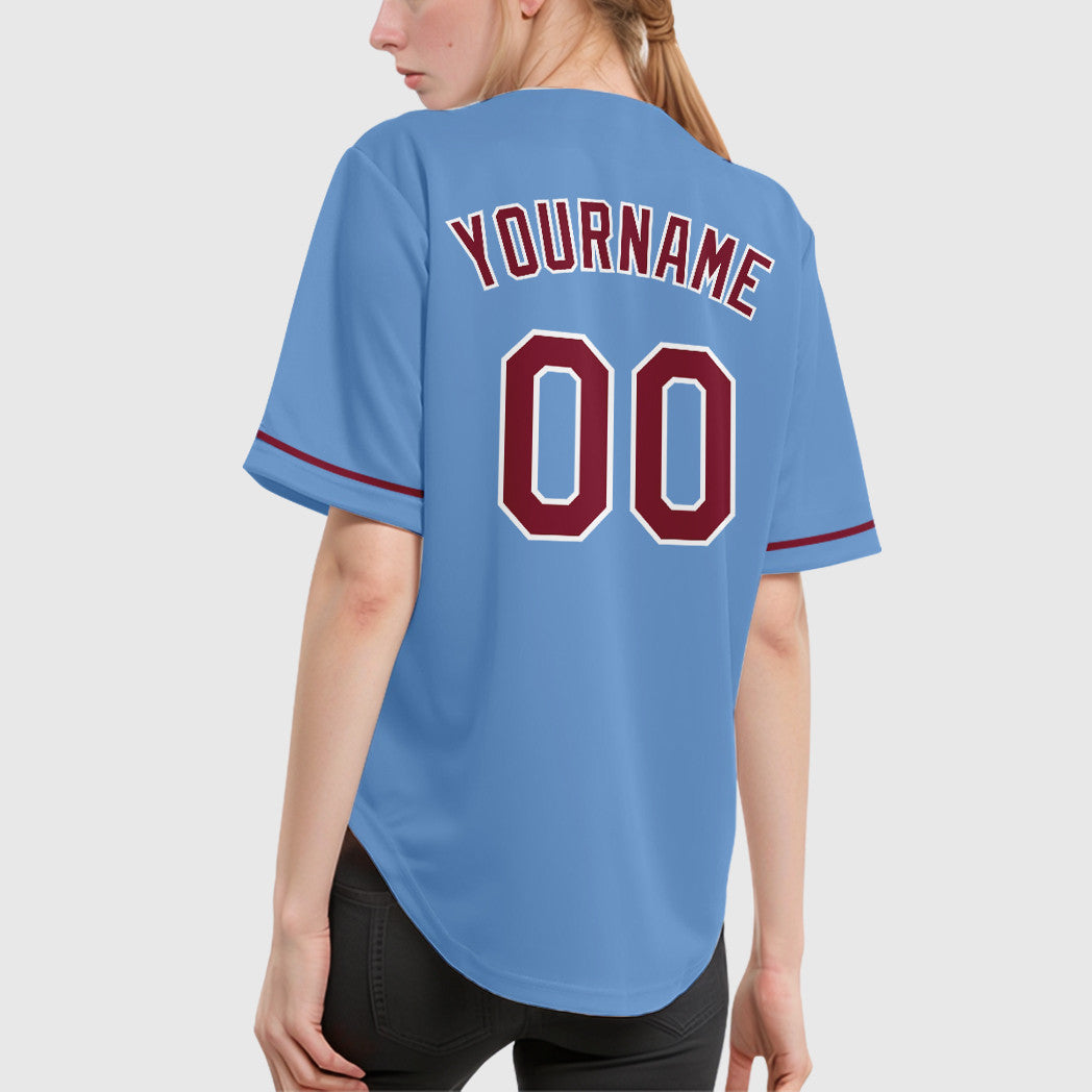 Custom Light Blue White Crimson Baseball Jersey