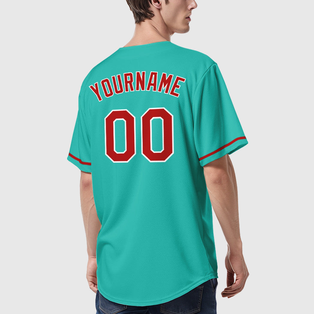 Custom Aqua White Red Baseball Jersey