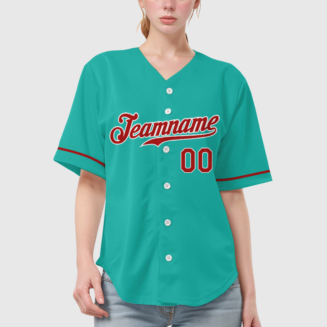 Custom Aqua White Red Baseball Jersey