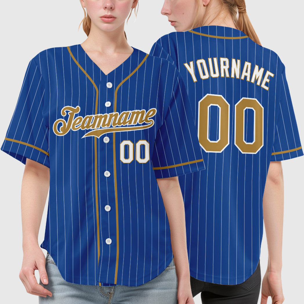 Custom Royal White Old Gold-White Piping Pinstripe Baseball Jersey