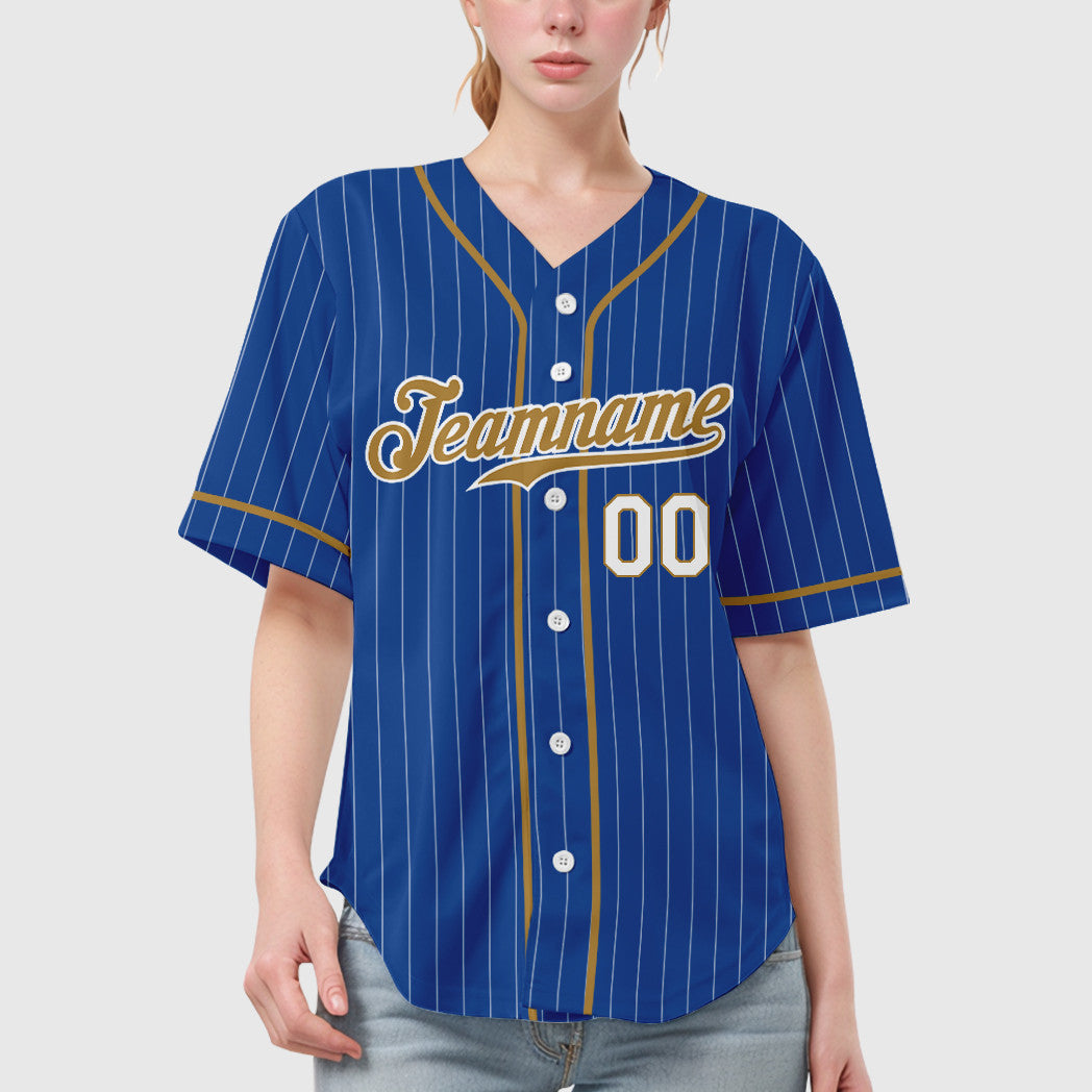Custom Royal White Old Gold-White Piping Pinstripe Baseball Jersey