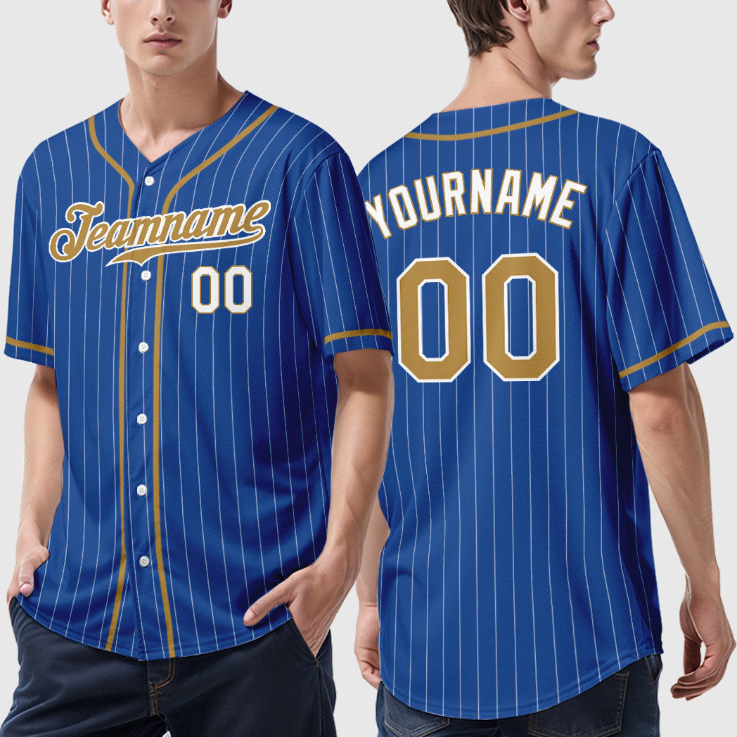 Custom Royal White Old Gold-White Piping Pinstripe Baseball Jersey