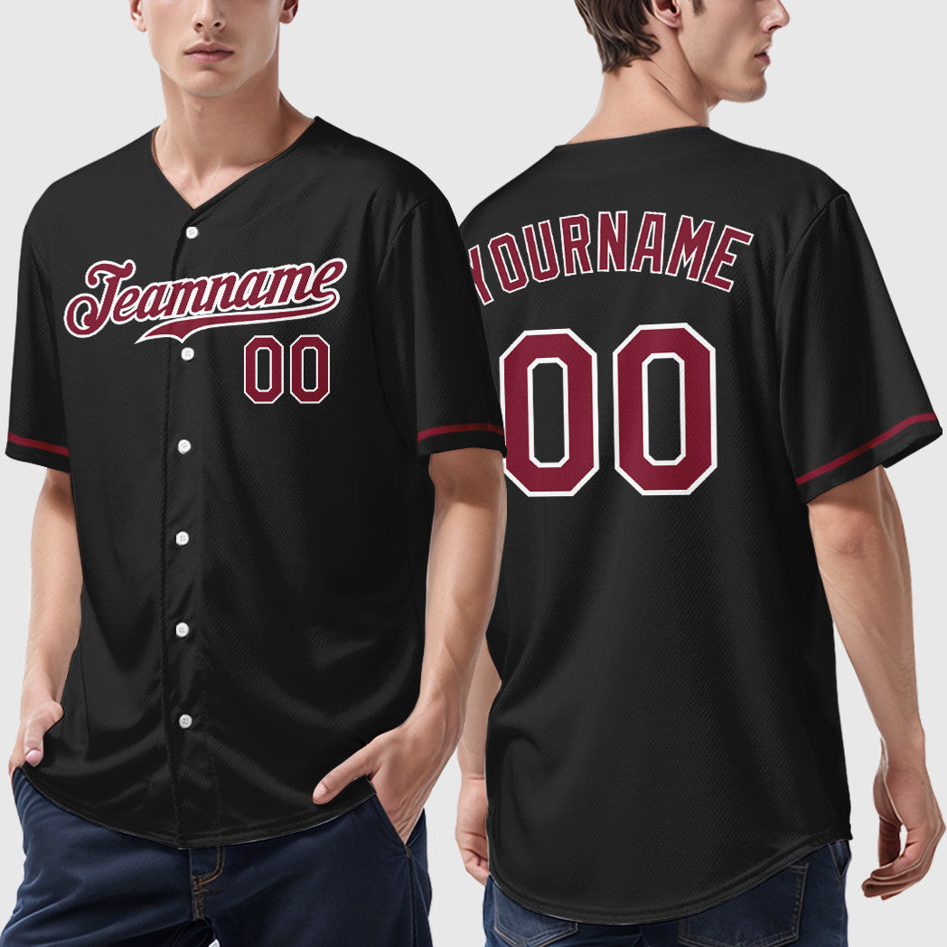 Custom Black White Crimson Baseball Jersey