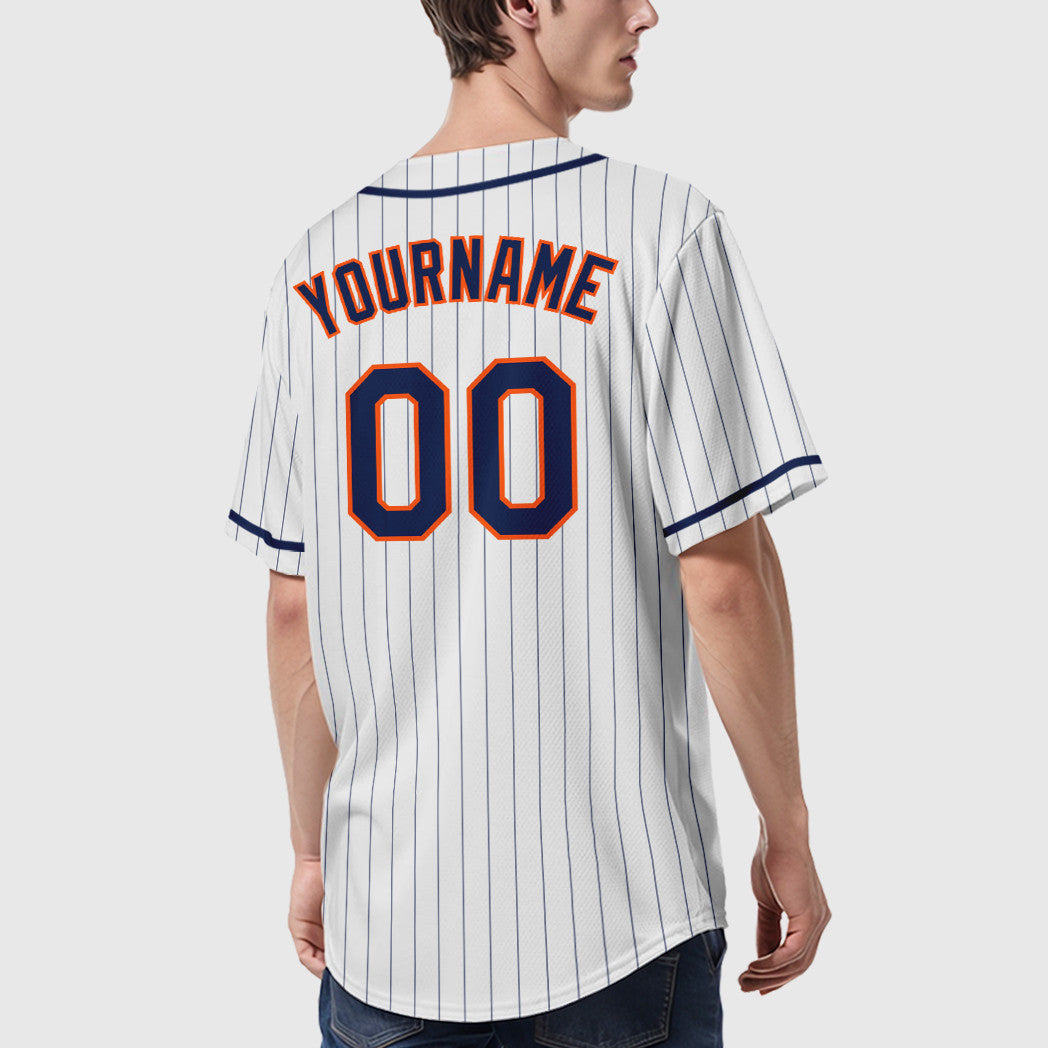 Custom White Navy Navy-Orange Piping Pinstripe Baseball Jersey