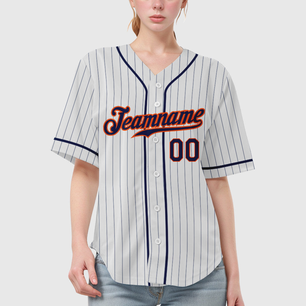 Custom White Navy Navy-Orange Piping Pinstripe Baseball Jersey