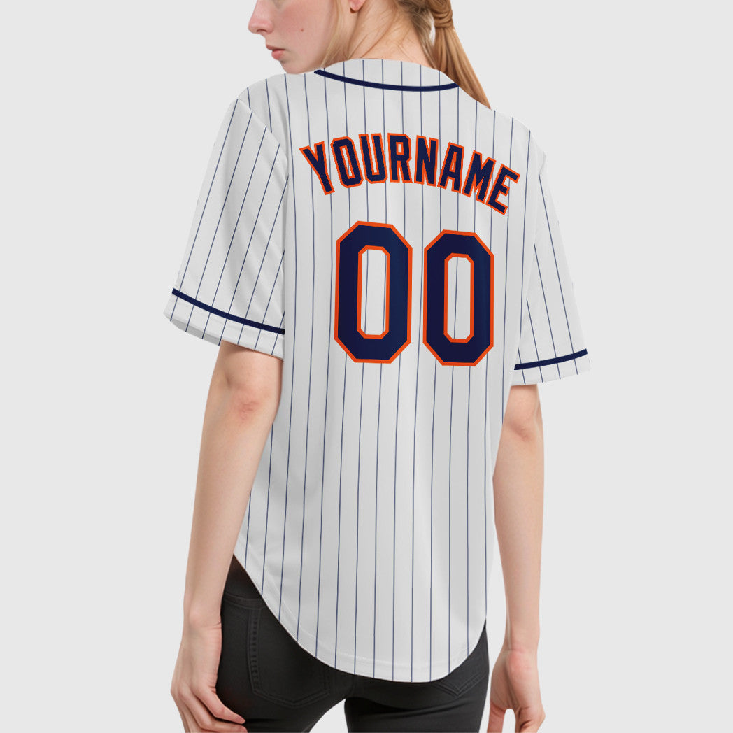 Custom White Navy Navy-Orange Piping Pinstripe Baseball Jersey