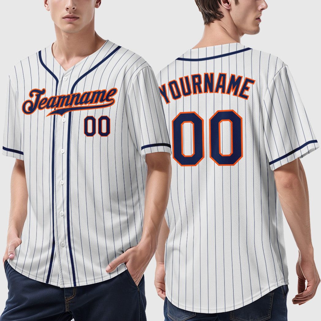Custom White Navy Navy-Orange Piping Pinstripe Baseball Jersey