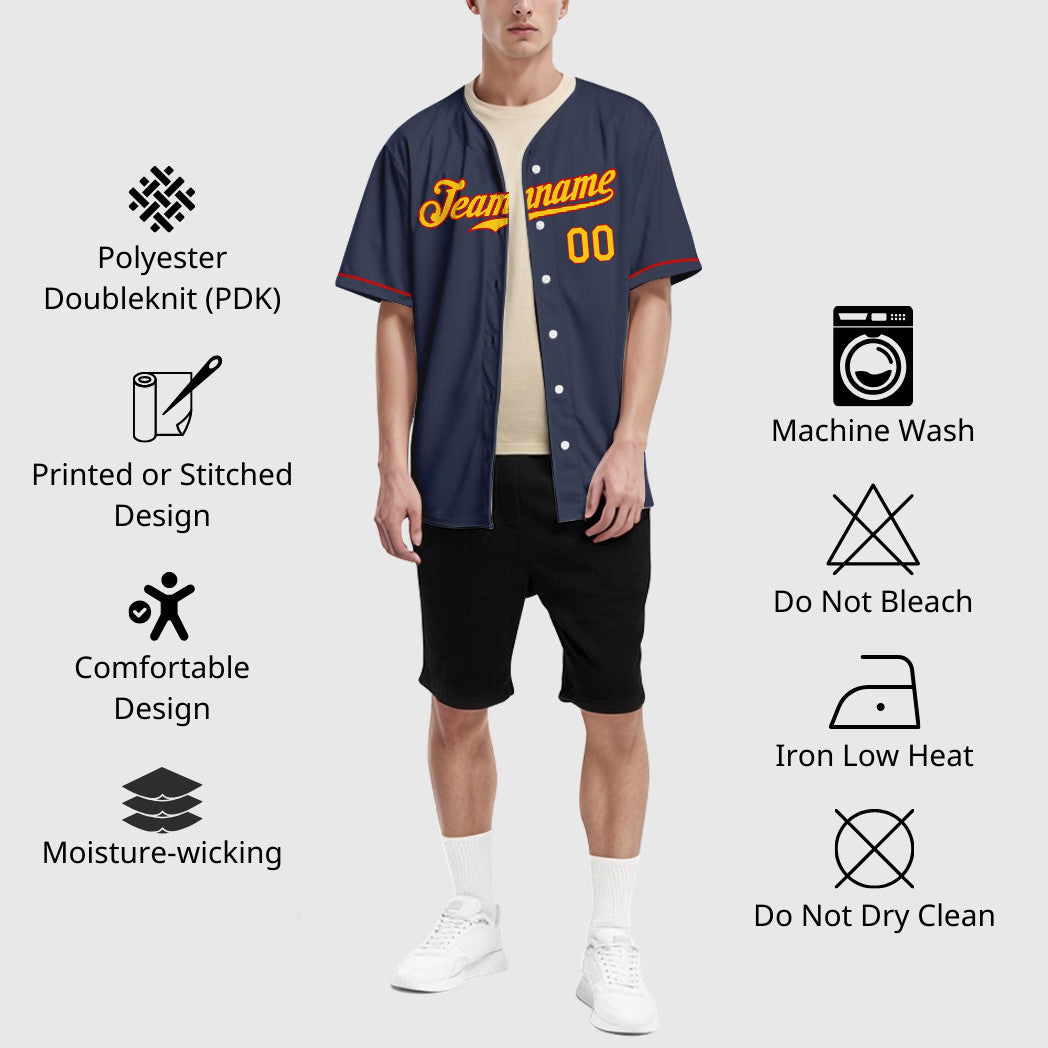 Custom Navy Yellow Red Baseball Jersey