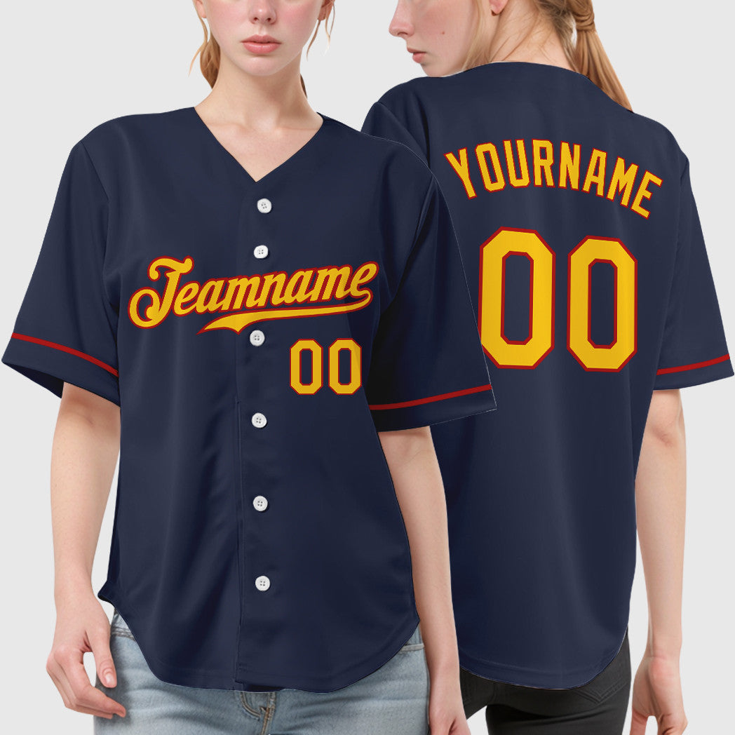 Custom Navy Yellow Red Baseball Jersey