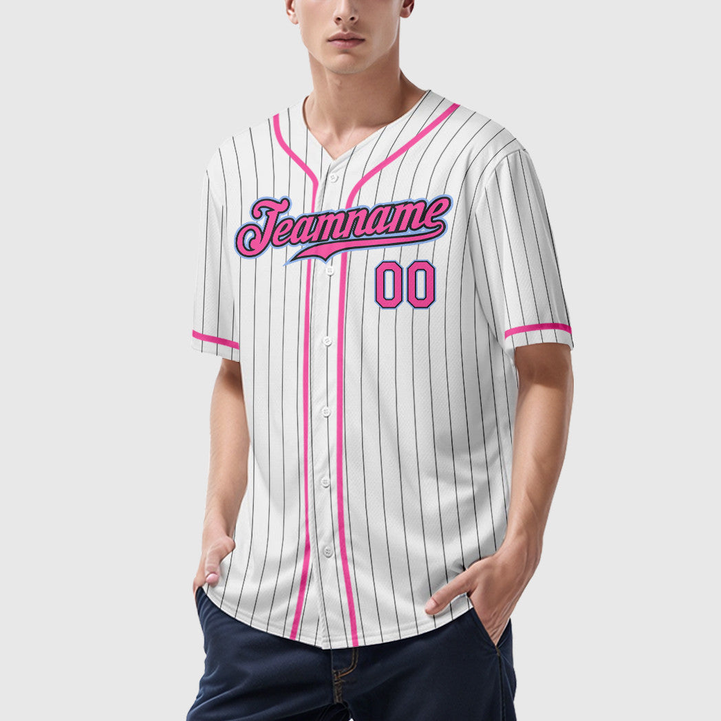 Custom White Black Pink-Light Blue Piping Pinstripe Baseball Jersey