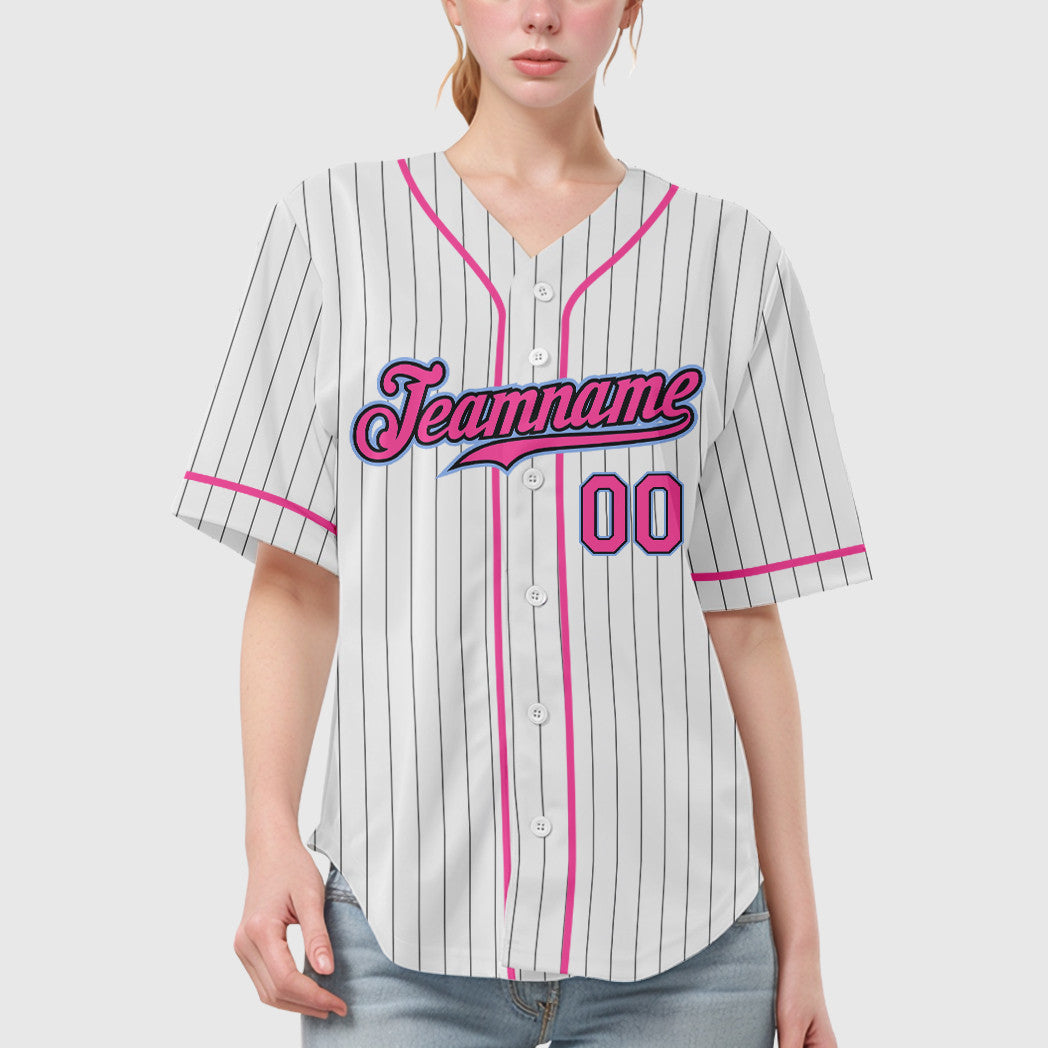Custom White Black Pink-Light Blue Piping Pinstripe Baseball Jersey