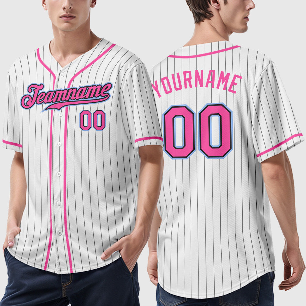 Custom White Black Pink-Light Blue Piping Pinstripe Baseball Jersey