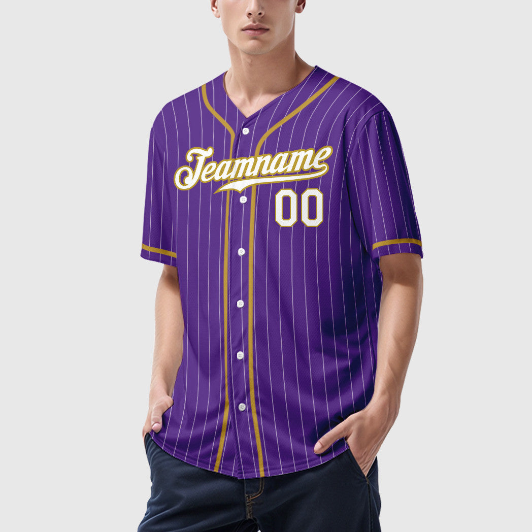 Custom Purple White Old Gold Piping Pinstripe Baseball Jersey