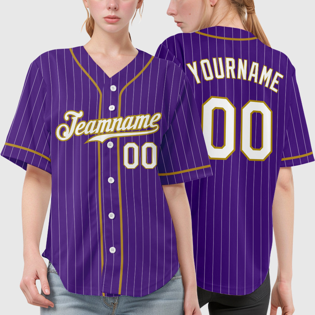 Custom Purple White Old Gold Piping Pinstripe Baseball Jersey