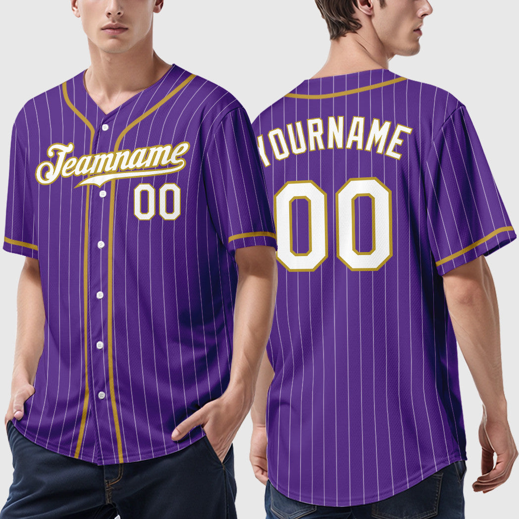 Custom Purple White Old Gold Piping Pinstripe Baseball Jersey