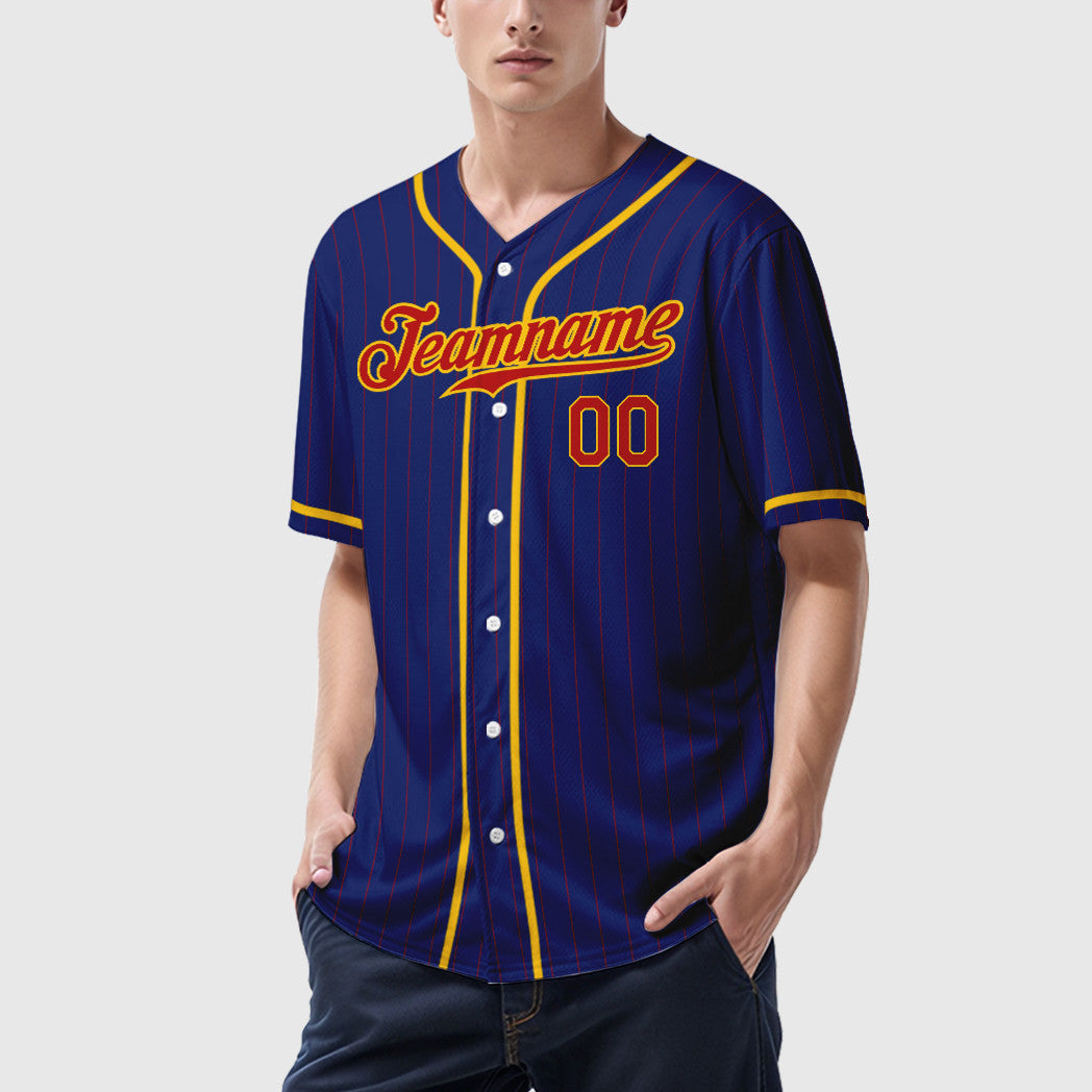 Custom Royal Red Yellow Piping Pinstripe Baseball Jersey