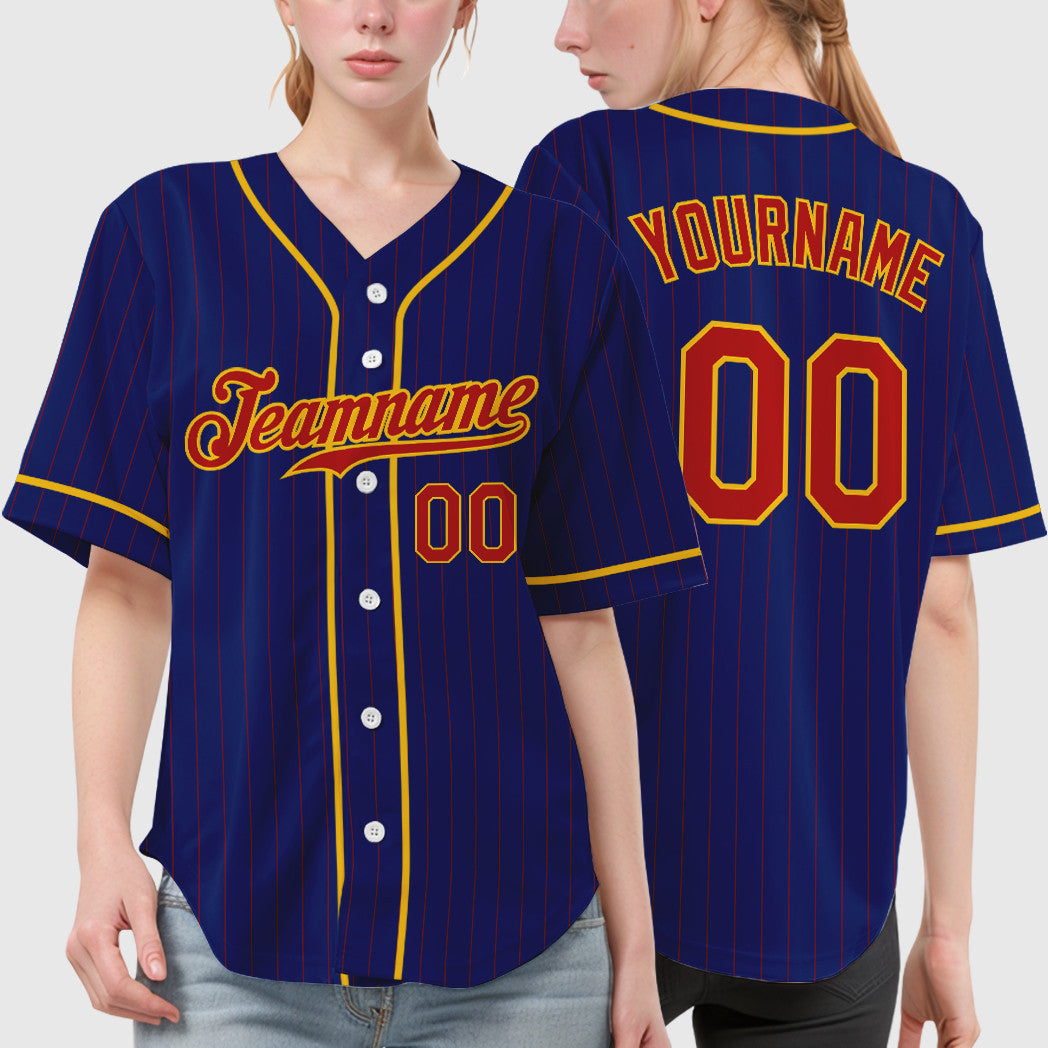 Custom Royal Red Yellow Piping Pinstripe Baseball Jersey