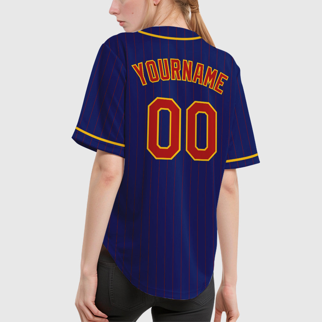 Custom Royal Red Yellow Piping Pinstripe Baseball Jersey