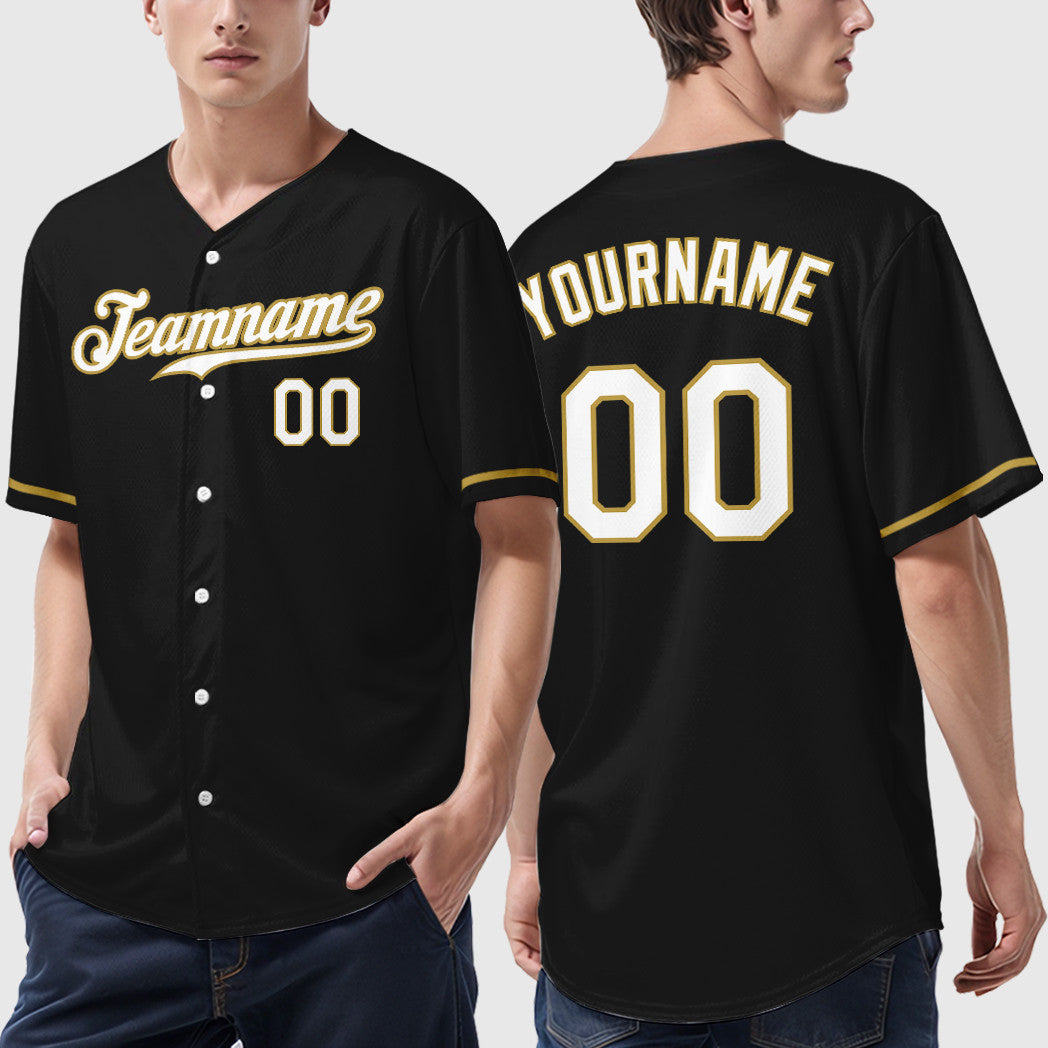 Custom Black White White-Old Gold Baseball Jersey