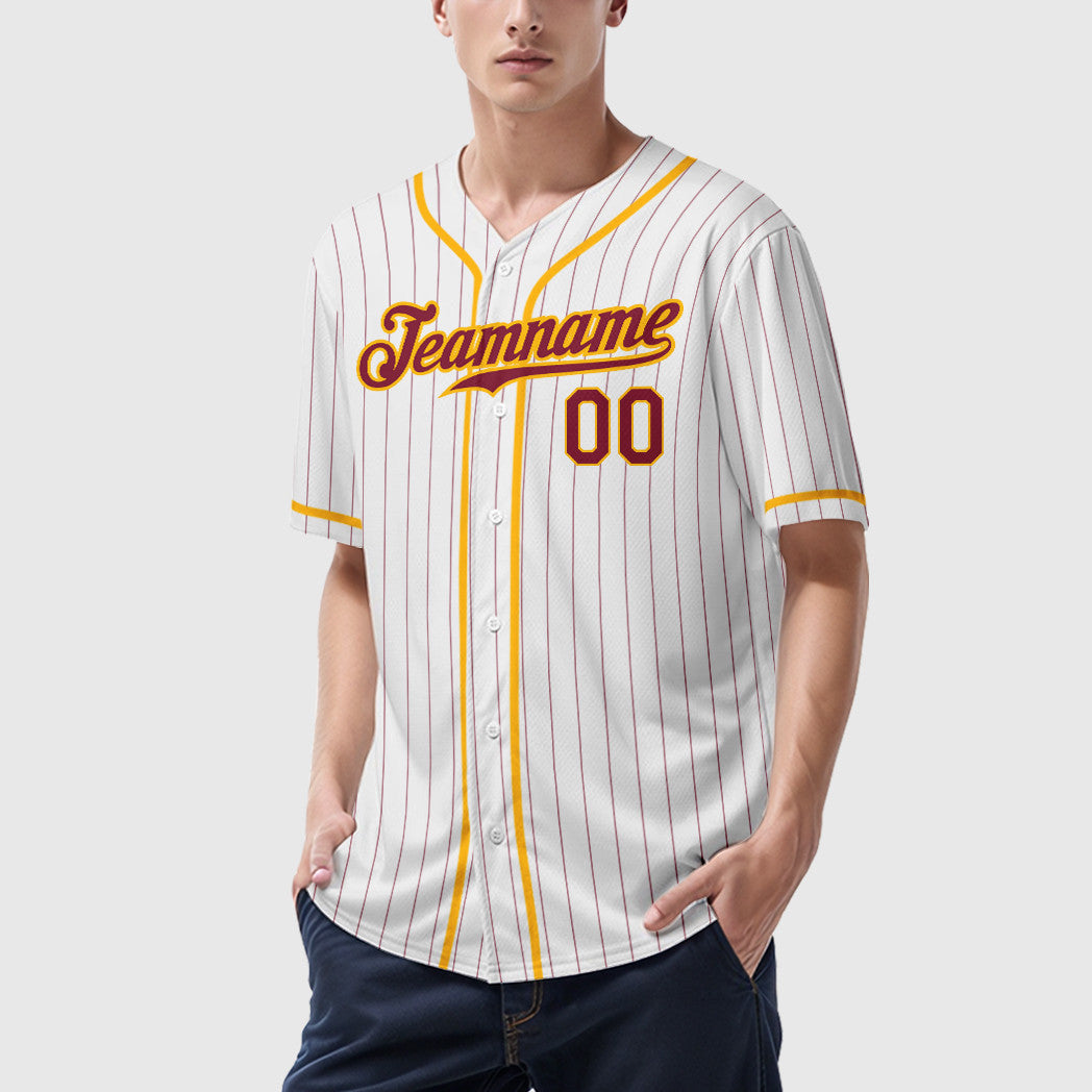 Custom White Crimson Crimson-Gold Piping Pinstripe Baseball Jersey