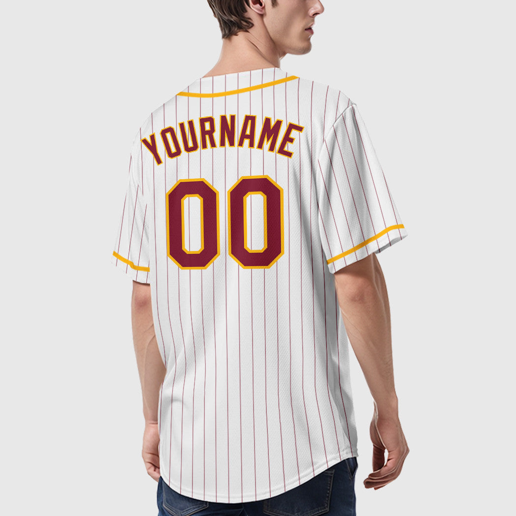 Custom White Crimson Crimson-Gold Piping Pinstripe Baseball Jersey