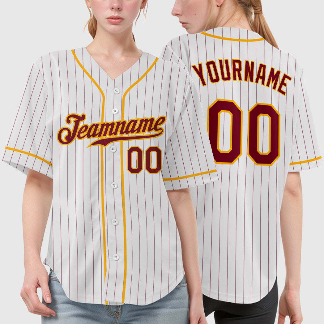 Custom White Crimson Crimson-Gold Piping Pinstripe Baseball Jersey