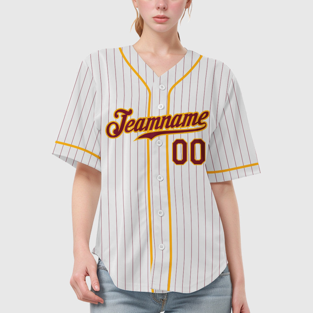 Custom White Crimson Crimson-Gold Piping Pinstripe Baseball Jersey