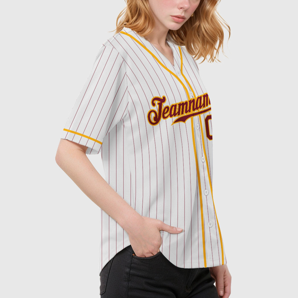 Custom White Crimson Crimson-Gold Piping Pinstripe Baseball Jersey