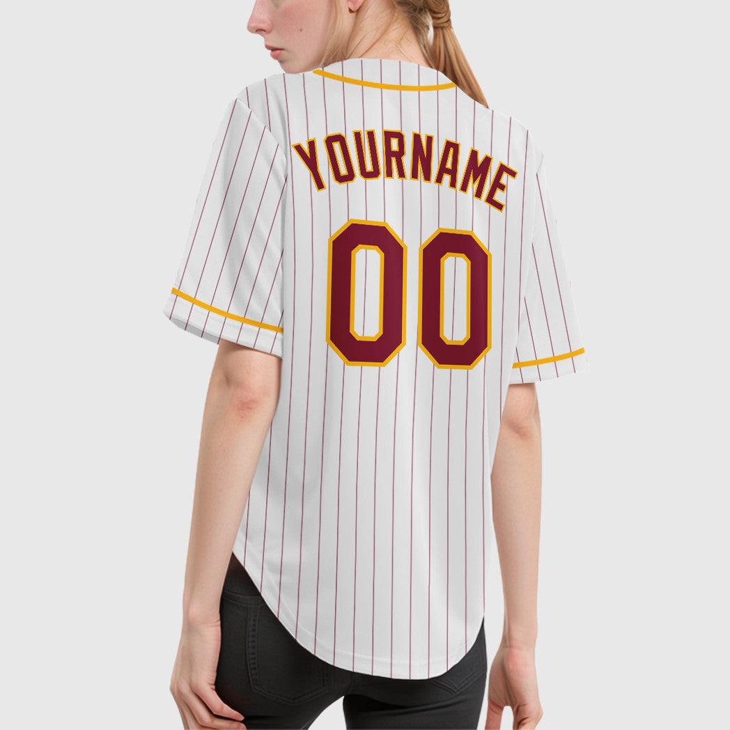 Custom White Crimson Crimson-Gold Piping Pinstripe Baseball Jersey