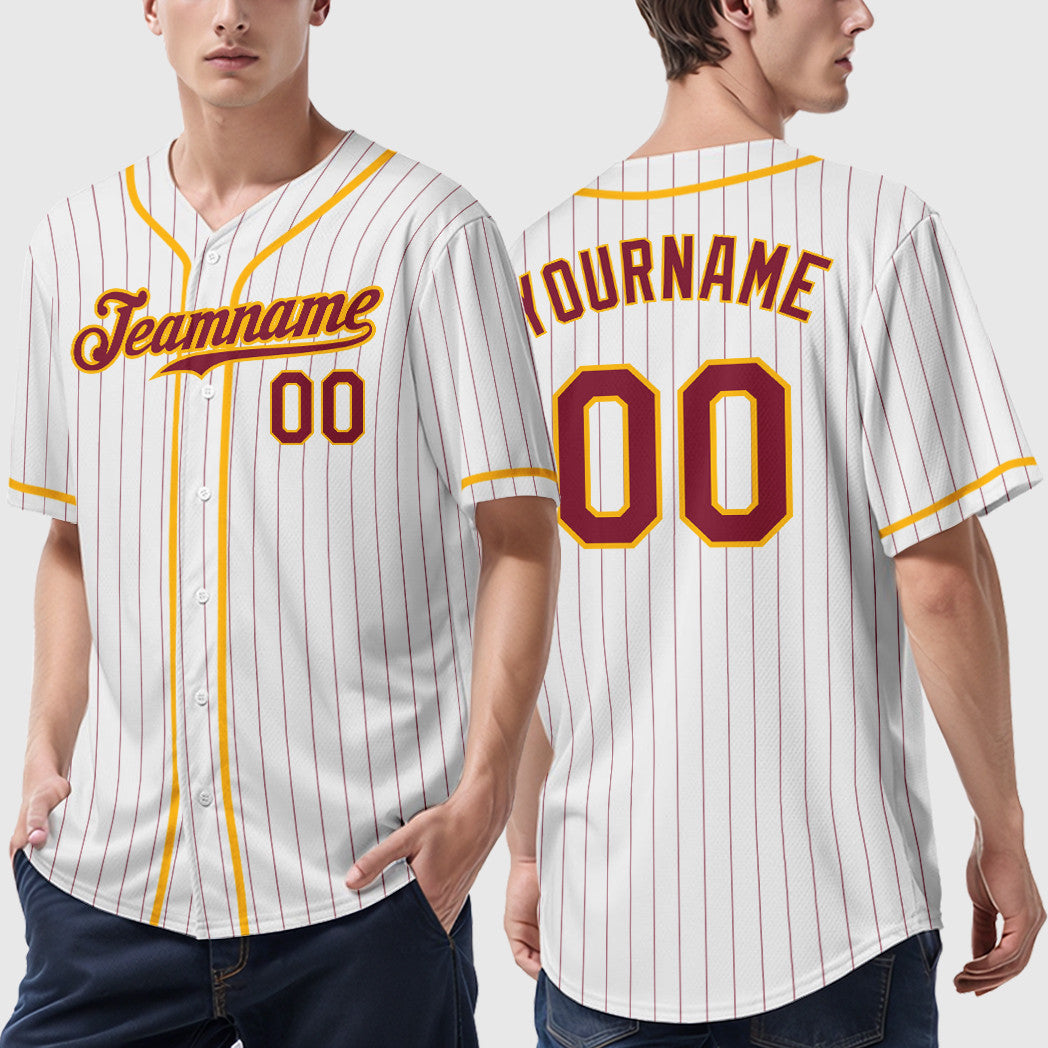 Custom White Crimson Crimson-Gold Piping Pinstripe Baseball Jersey